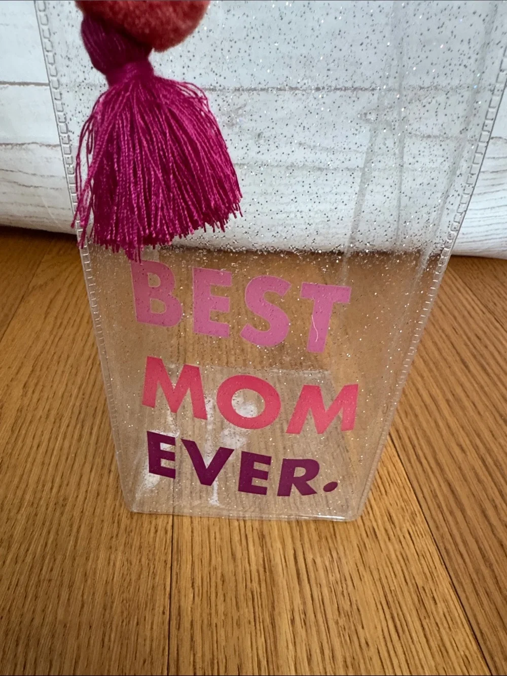 Clear Glitter Vinyl Gift Bag with Pink 'Best Mom Ever' saying- Mother's Day